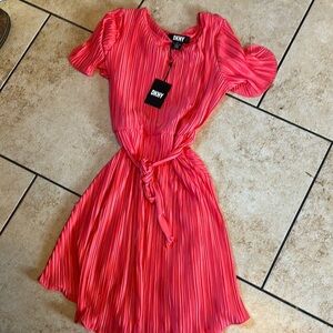 DKNY Orange Pleated Puff Sleeve Mini Dress